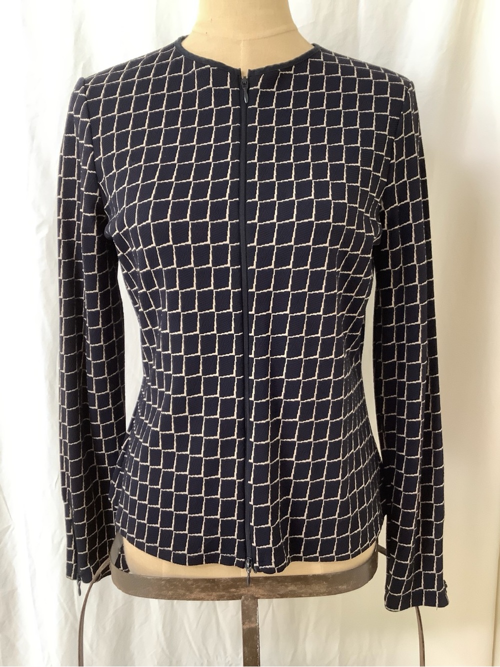 Casual Corner Stretch Sweater-Dark Blue with White Grid Pattern-Full Zip Front-M